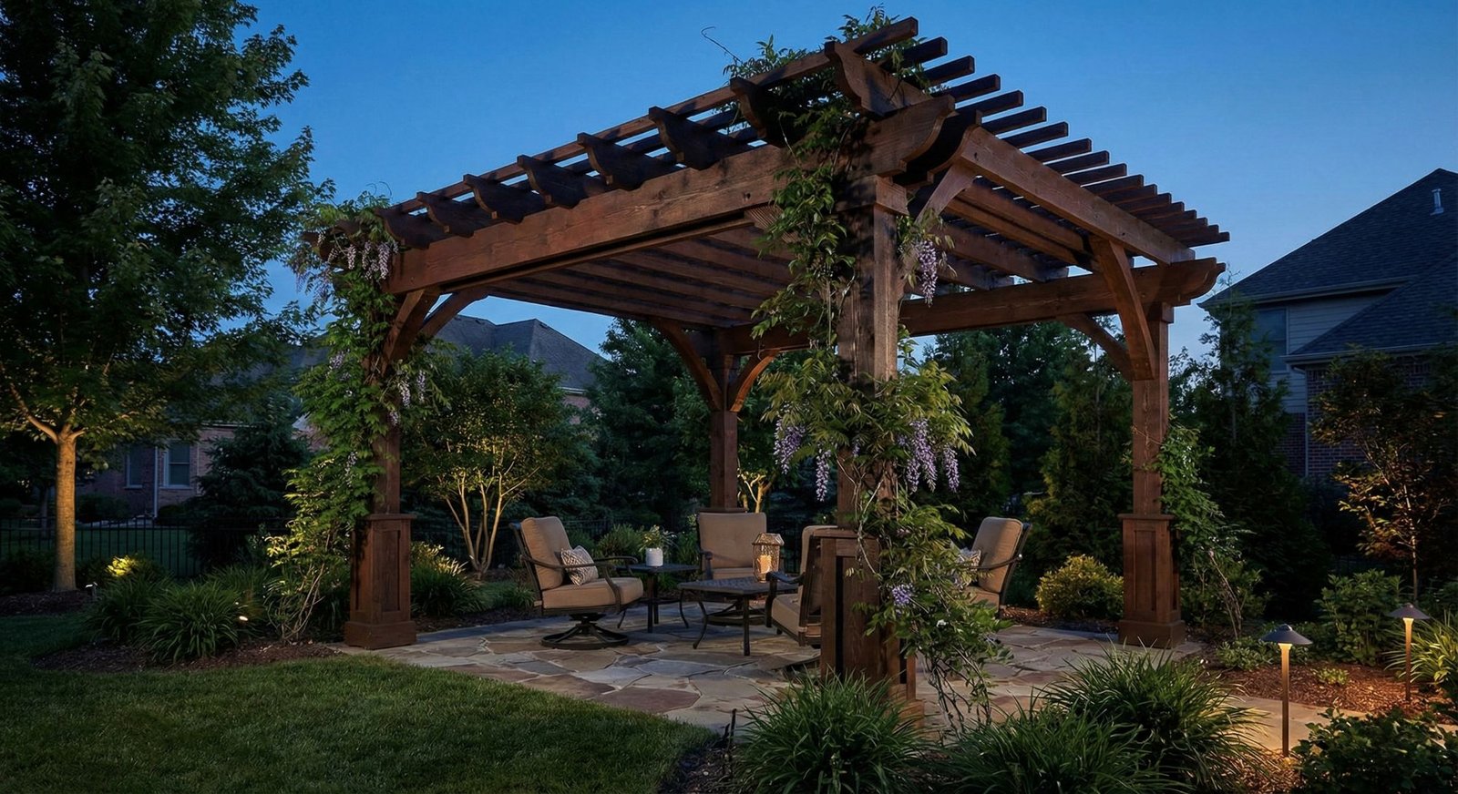 Wooden pergola with stone patio